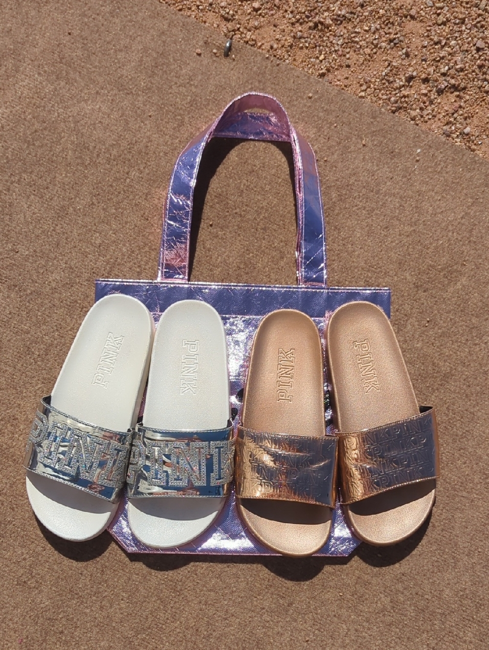 PINK M Gold & Silver Slides With Tote
